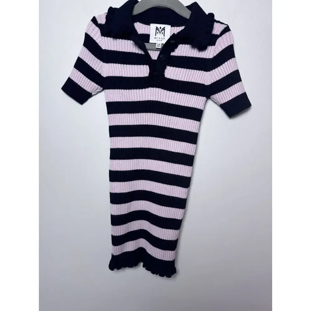 Milly Minis Girls Ribbed Striped Ruffle-Trim Polo Dress Size 4/5